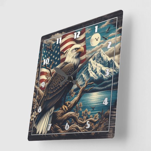 山威厳のあると旗の近くに止まったワシ スクエア壁時計 (傾斜)