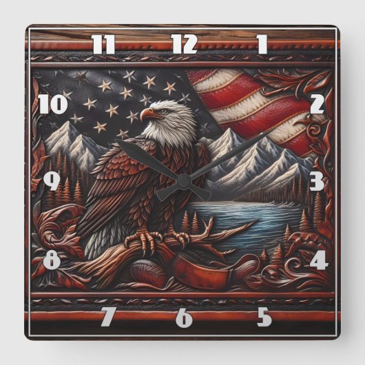 山威厳のあると旗を見下ろすワシ スクエア壁時計 (正面)