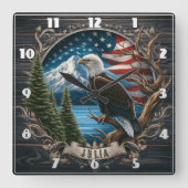 山威厳のあると旗を見下ろすワシ スクエア壁時計 (正面)