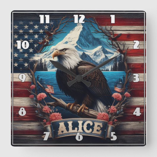 山威厳のあると旗を見下ろすワシ スクエア壁時計 (正面)