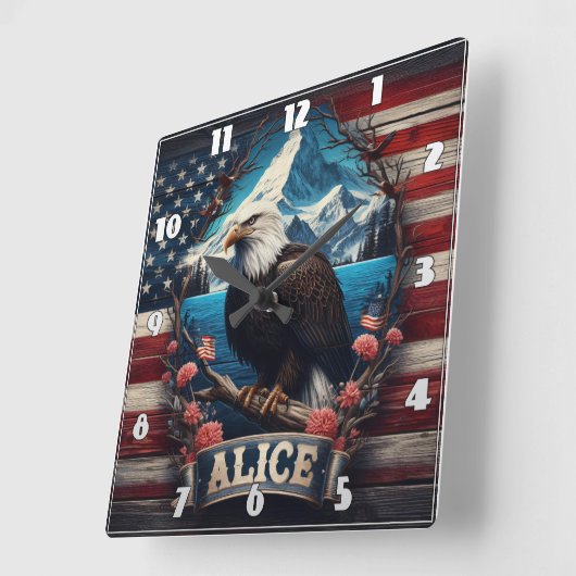 山威厳のあると旗を見下ろすワシ スクエア壁時計 (傾斜)