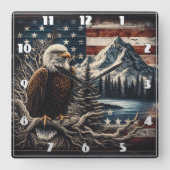 山威厳のあると日没の近くに止まったワシ スクエア壁時計 (正面)