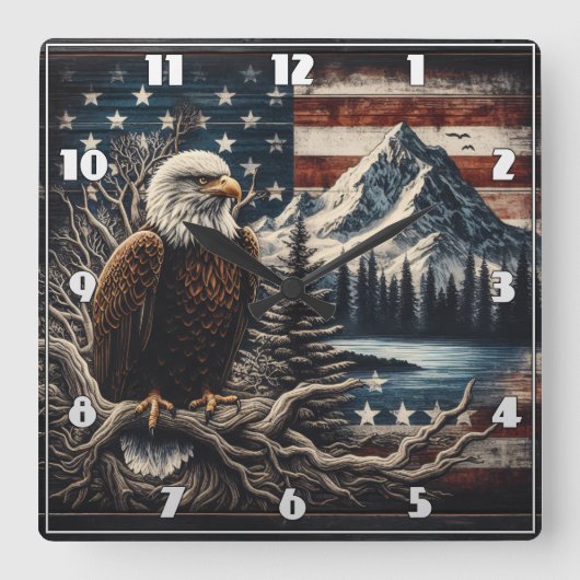 山威厳のあると日没の近くに止まったワシ スクエア壁時計 (正面)