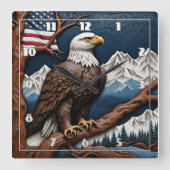 山威厳のあるの枝に止まるワシ スクエア壁時計 (正面)