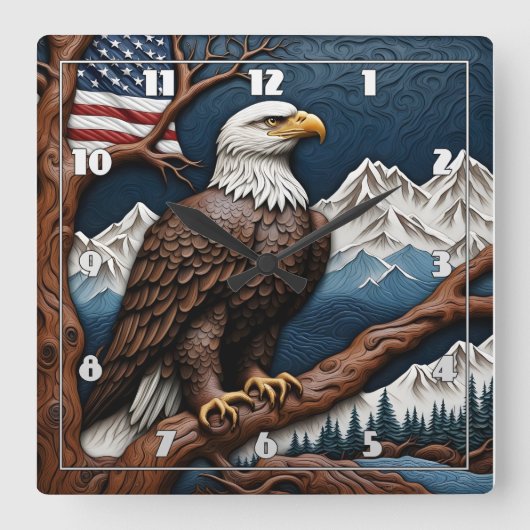 山威厳のあるの枝に止まるワシ スクエア壁時計 (正面)