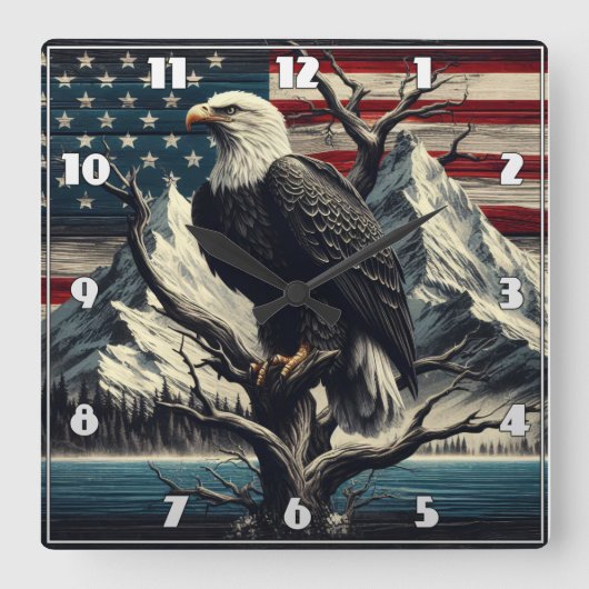 山威厳のあるの近くに強さを示すワシ スクエア壁時計 (正面)