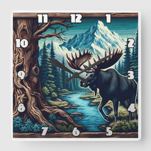 山威厳のあるの風景の中でムースバイリバー スクエア壁時計 (正面)