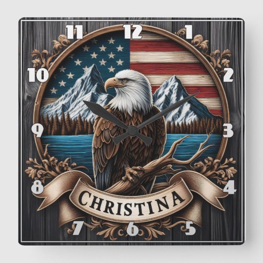 山威厳のある景色を見下ろすワシ スクエア壁時計 (正面)