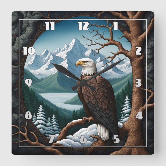 山威厳のある湖を見下ろすハゲのイーグル スクエア壁時計 (正面)