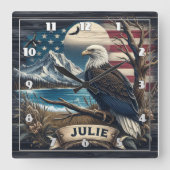 山威厳のある近きイーグル国旗 スクエア壁時計 (正面)
