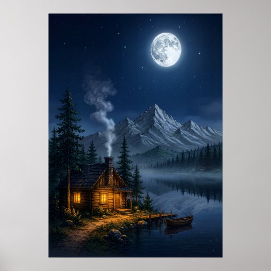 山小屋の湖畔の夜景アートプリント ポスター (正面)