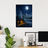 山小屋の湖畔の夜景アートプリント ポスター (ホームオフィス)