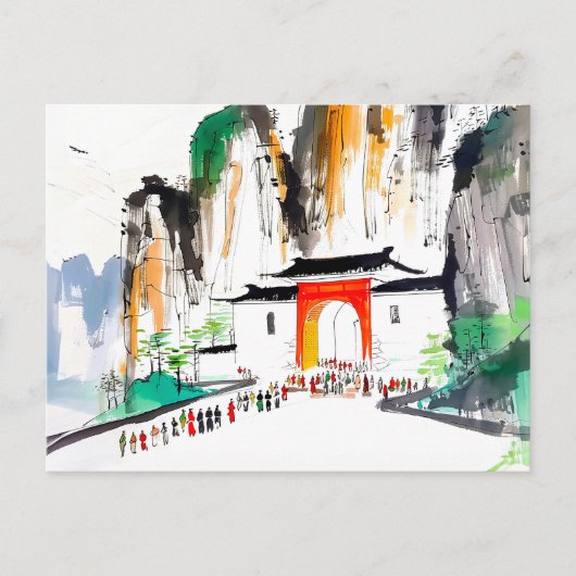 山岳地帯に人が住む寺院 ポストカード (正面)