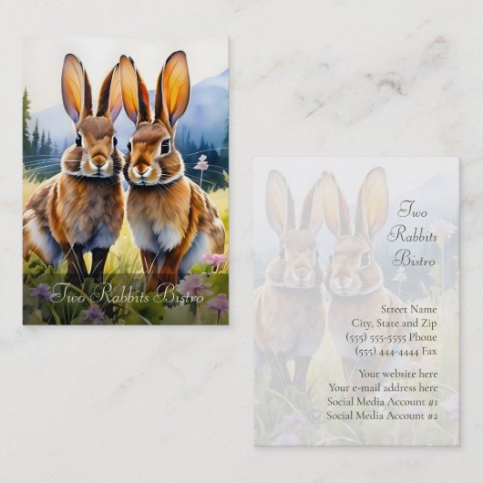 山岳牧草地で2羽のウサギをカスタマイズ 名刺 (正面/裏面)