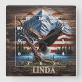 山岳空の下、湖に止まったワシ スクエア壁時計 (正面)