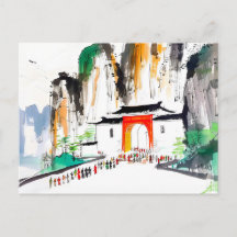 山岳風景の中の人々のいる寺院