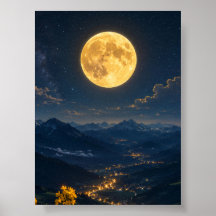 山峡の夜景に輝く黄金の月