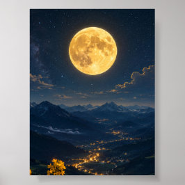山峡の夜景に輝く黄金の月 ポスター