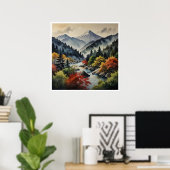 山日本の水彩壁画 ポスター (ホームオフィス)