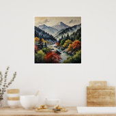 山日本の水彩壁画 ポスター (キッチン)