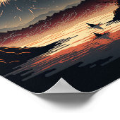 山日本の湖と漁師の浮世絵 ポスター (角)