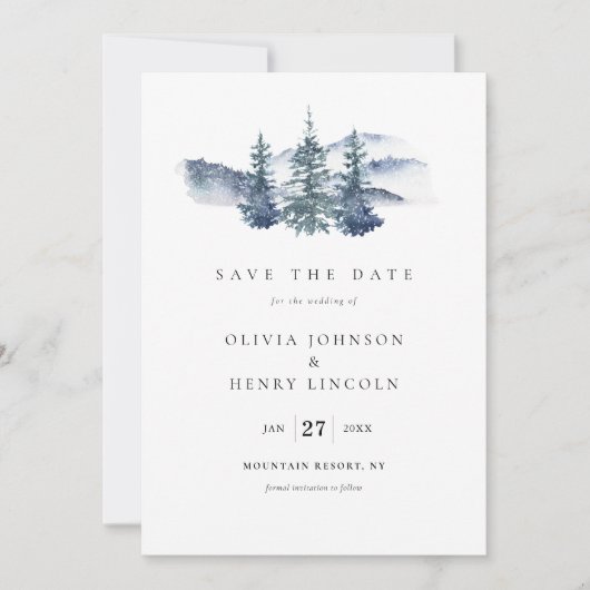 山松の木の写真日付カードを保存 招待状 (正面)