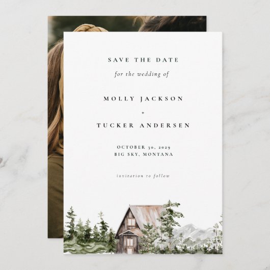 山松の森のキャビン写真の保存日付 招待状 (正面/裏面)