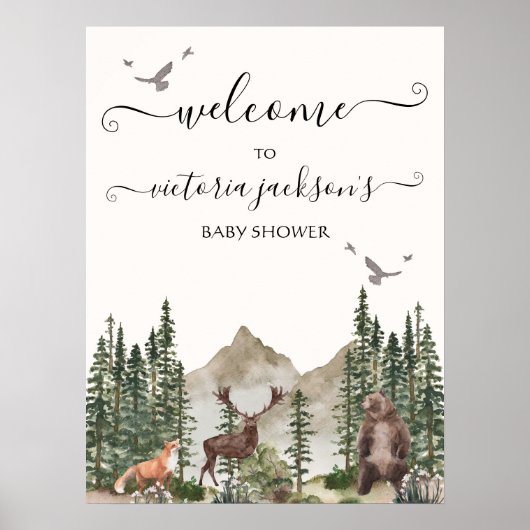 山林の森林動物の赤ちゃんシャワーのサイン ポスター (正面)