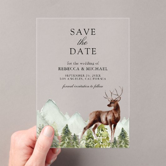 山林の鹿の結婚式の日付を保存 アクリル招待状 (インサイチュ (ポータブル))