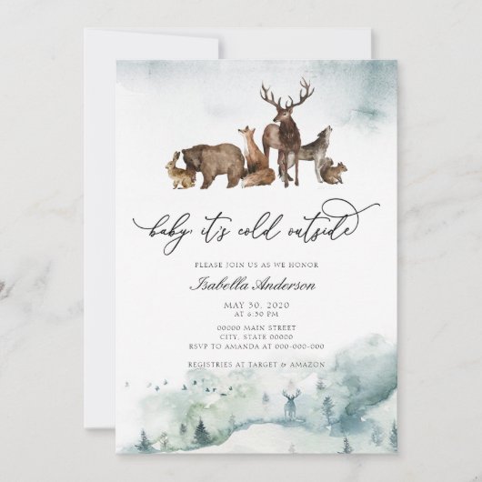 山林動物,ベビーシャワーの外で冬の寒さ 招待状 (正面)