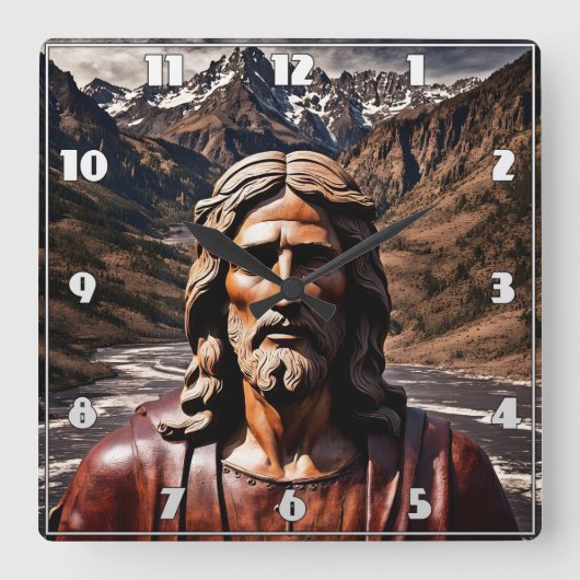 山水に眠るイエスの木像 スクエア壁時計 (正面)