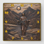 山水の川辺にイエスが立つ スクエア壁時計 (正面)