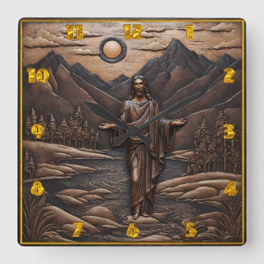 山水の川辺にイエスが立つ スクエア壁時計 (正面)