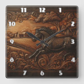 山水威厳のあるに彫った馬素朴の彫刻 スクエア壁時計 (正面)