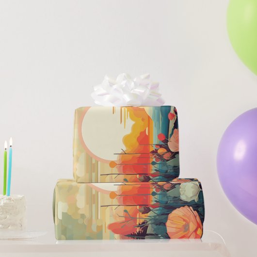 山水赤と白ケシ太陽 ラッピングペーパー (パーティーギフト)