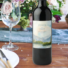 山湖の結婚水彩屋外シーン ワインラベル