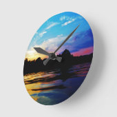 山湖の虹の日没 ラウンド壁時計 (傾斜)