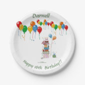 山積みのプレゼントと多くのカラフル風船の位置 ペーパープレート (正面)