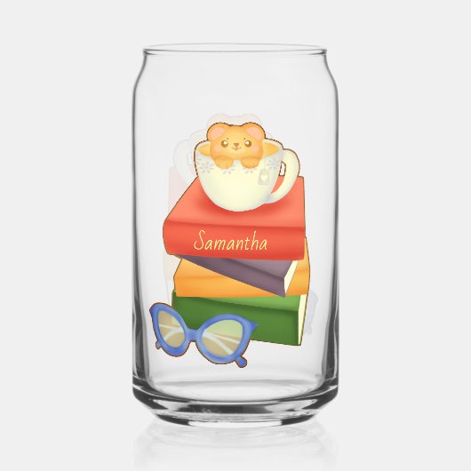 山積みの本とティーカップベア ガラス缶 (正面)