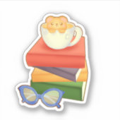 山積みの本とティーカップベア シール (正面)