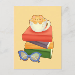 山積みの本とティーカップベア ポストカード