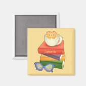 山積みの本とティーカップベア マグネット (正面/裏面)