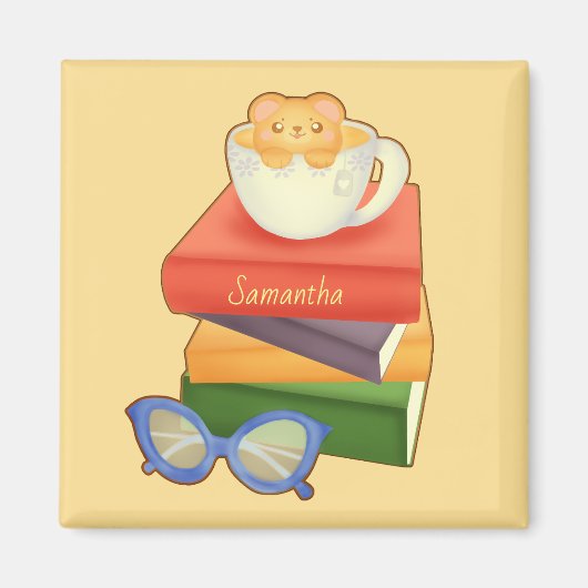 山積みの本とティーカップベア マグネット (正面)