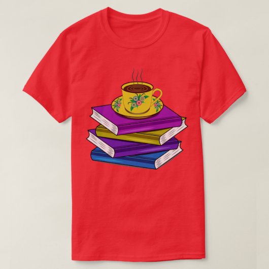 山積みの本と熱いコーヒー Tシャツ (デザイン正面)
