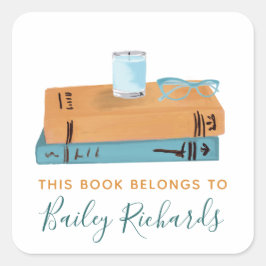 山積みの本と眼鏡の蔵書票ラベル スクエアシール