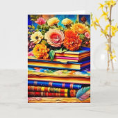 山積みヴィンテージ図書と花誕生日 カード (黄色い花)