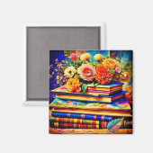 山積みヴィンテージ図書花 マグネット (正面/裏面)