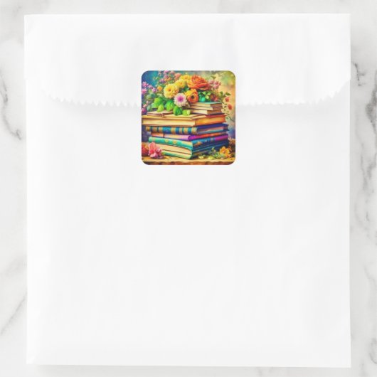 山積みヴィンテージ本かわいらし花 スクエアシール (バッグ)