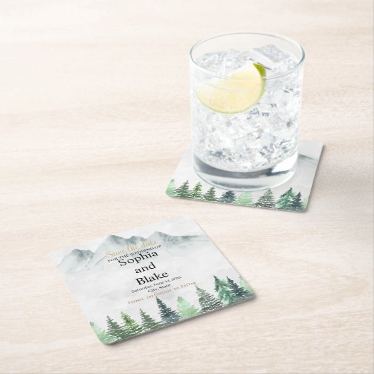 山素朴と森の水の色の保存日付 スクエアペーパーコースター (インサイチュ)