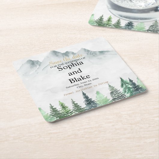 山素朴と森の水の色の保存日付 スクエアペーパーコースター (アングル)